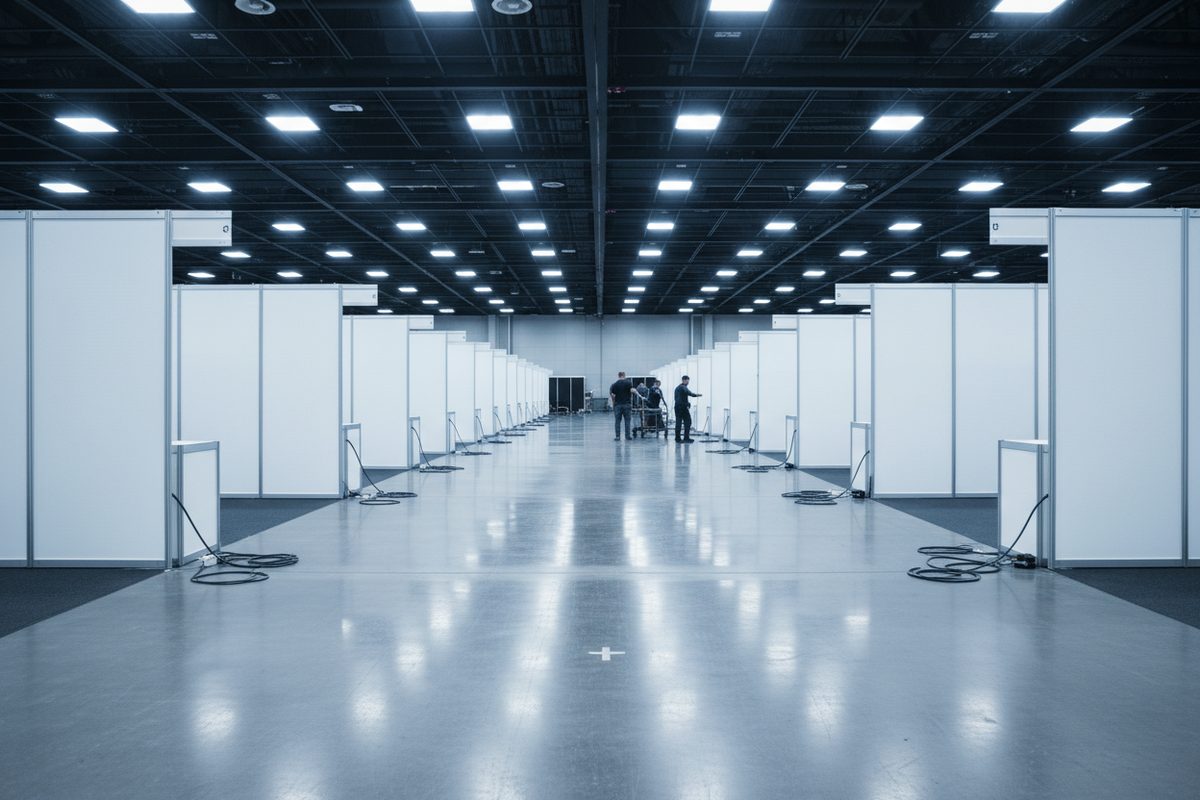 Empty trade-show floor with rows of blank exhibitor booths