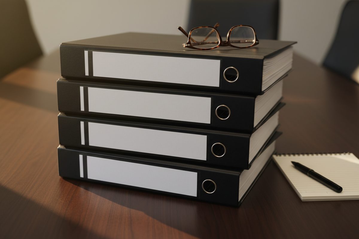 Stack of regulatory binders with glasses and notepad on conference table