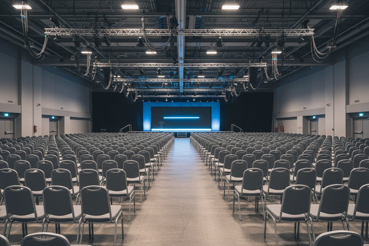 Large empty convention hall with rows of chairs facing a distant stage