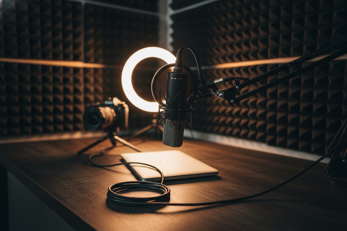 Podcast recording setup with microphone, ring light, and camera on tripod