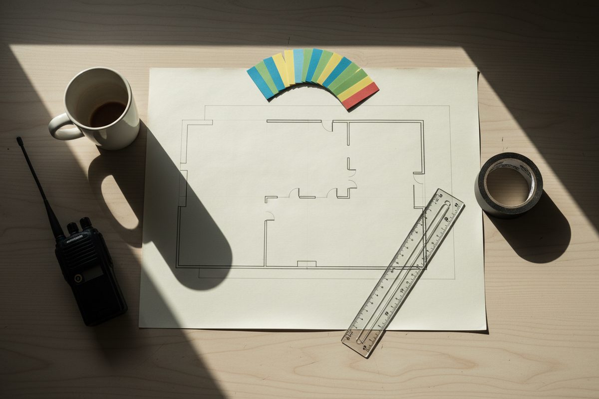 Overhead event planning desk with blank floor plan, ruler, and tape
