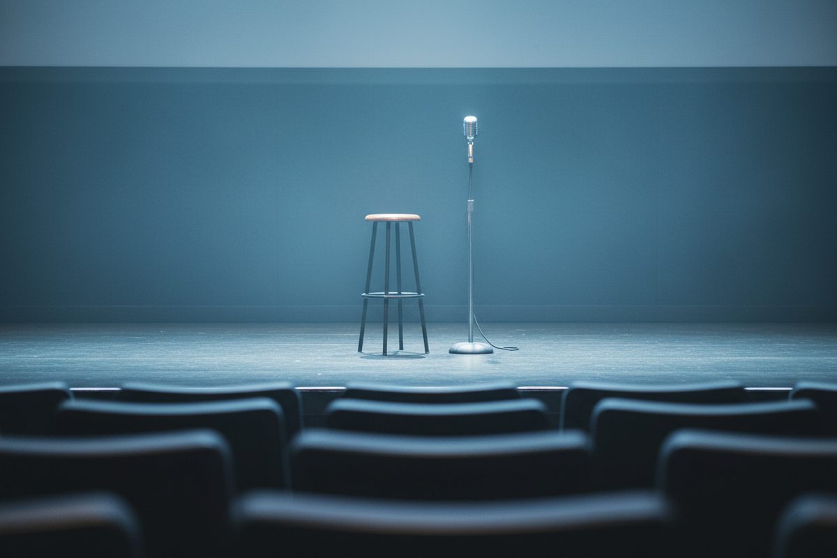 Empty conference keynote stage with microphone and stool under soft blue lighting