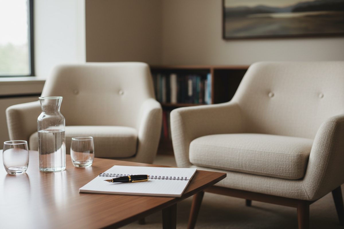 Two chairs angled across a low table with notebook for speaker coaching
