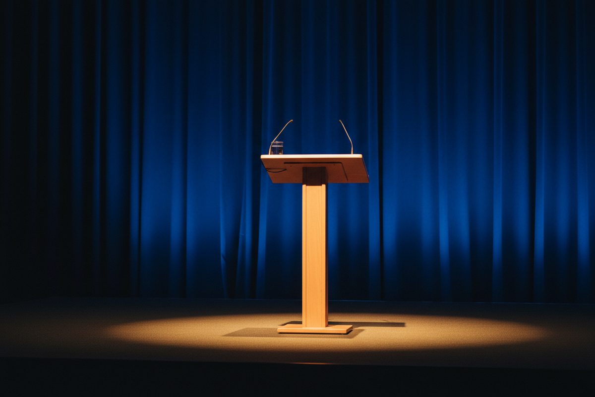 Empty keynote podium with microphone and water glass under spotlight