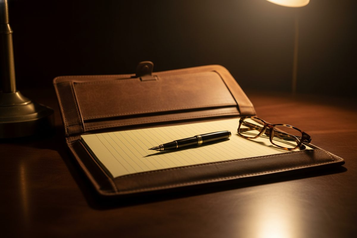 Leather portfolio with legal pad, pen, and microphone on policy briefing table