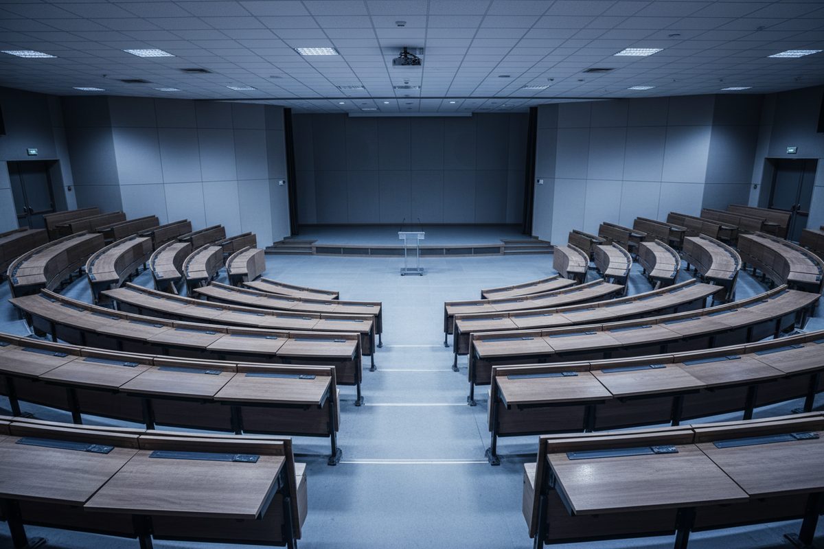Empty tiered medical lecture hall with distant lectern