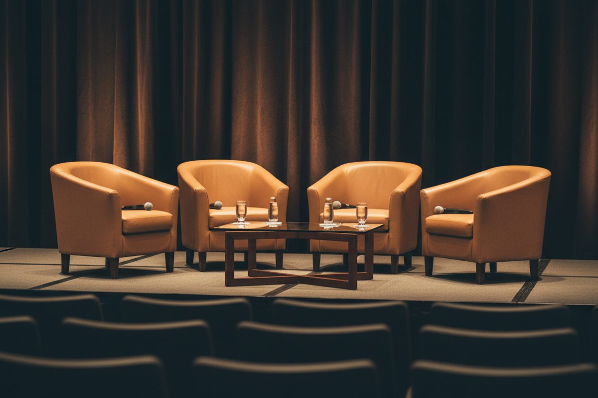 Empty panel discussion stage with four angled leather chairs and microphones