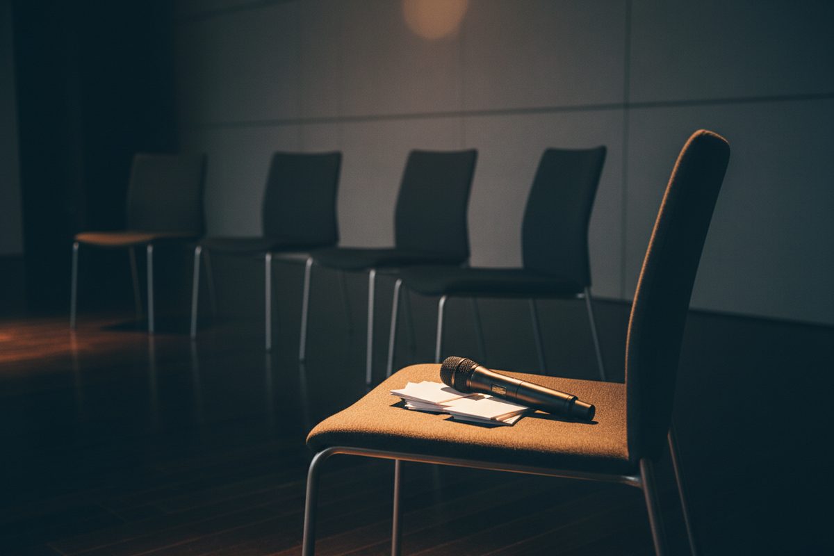 Moderator chair with index cards and microphone at empty panel setup