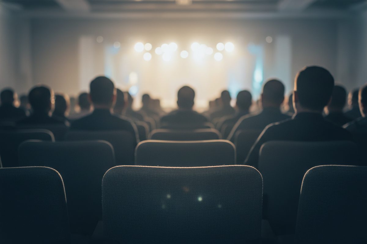 Conference audience seen from behind facing a distant lit stage