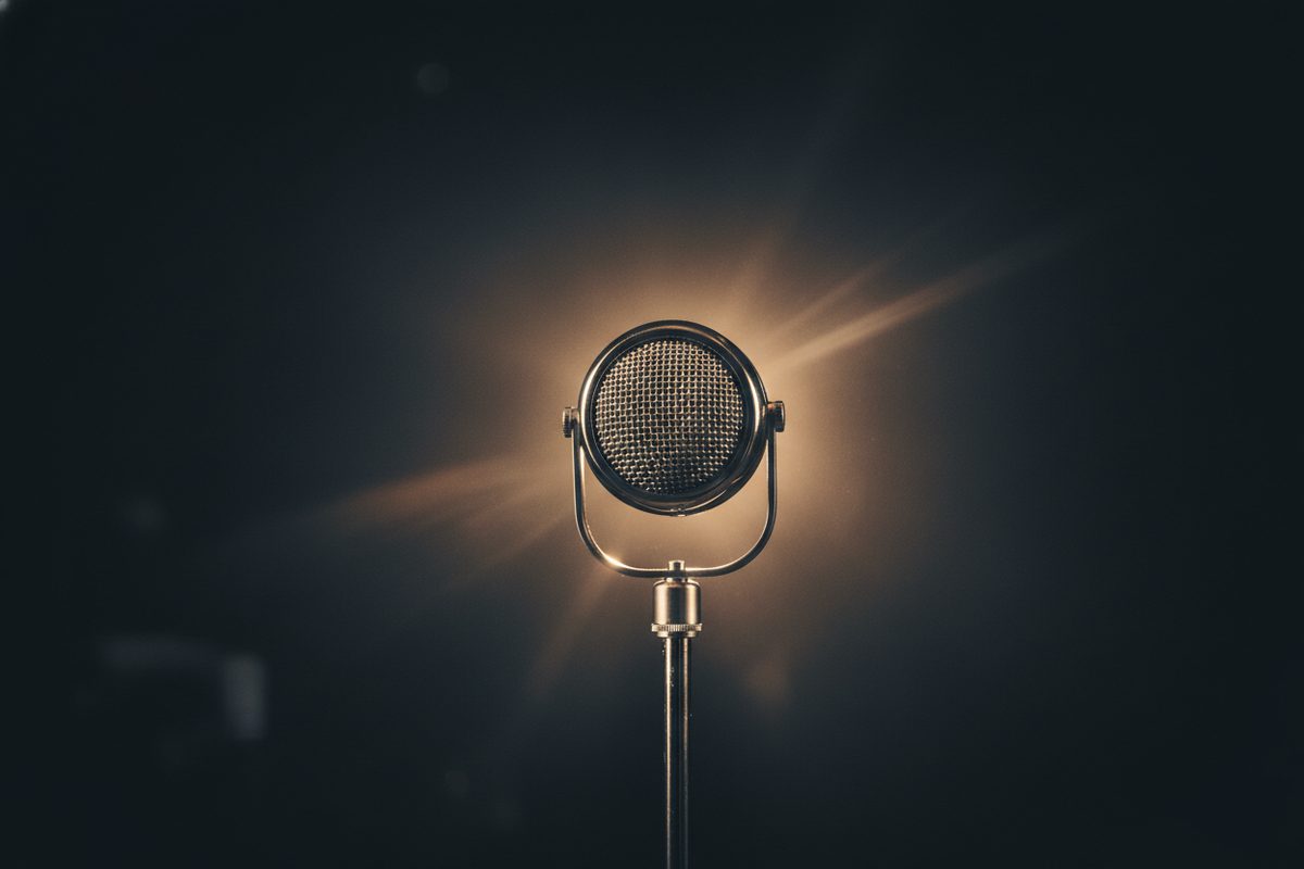 Close-up of vintage chrome stage microphone in dark moody lighting