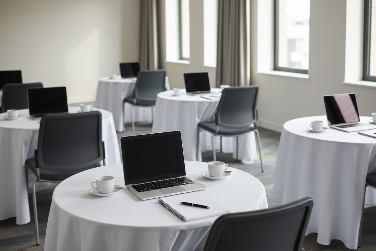 Workshop breakout room with round tables, laptops, and notebooks